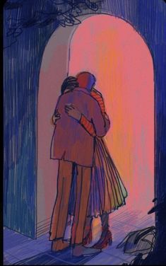 two people standing in front of a doorway with their arms around each other, hugging