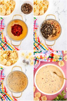 four pictures showing the steps to make an enchilada dip with tortilla chips