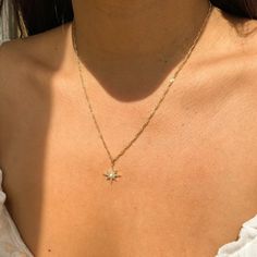 DETAILS • Single Chain (of choice) with charm• 18k Gold Filled chain• Gold Plated charm• Tarnish Resistant• Singapore Chain: 20" or 16" with 1" extender• Cable Chain: 17" with 1" extender• Opal Starburst Charm: ~14.5mm GOLD FILLED •Our Gold filled jewelry has an outer layer of 14k or 18k gold that is pressure bonded to a base metal of jewelers brass. •This type of jewelry is made for everyday use of stacking or layering. • This type of jewelry can withstand normal body sweat, body oils, and is t Star Necklace Gold Thick Chain, Cheap Star Charm Necklaces For Women, Gold Jewellery Minimalist, Gold Everyday Necklace, Wishlist Idea, Cute Gold Necklace, Star Gold Necklace, Everyday Necklace Gold, Single Necklace