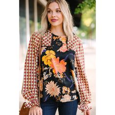 This Is Your Chance To Get Your Hands On This Beautiful Blouse! That Mix Of Prints Is Both Bold And Chic! We Really Love Those Fall Colors Too! This Blouse Will Look Great For So Many Occasions This Fall And Winter Season! This Blouse Features Long Sleeves With Elastic Cuffs, A Round Neckline, Crochet Trim Separating The Prints, And A Dual Floral And Abstract Print. Material Has A Minimal Amount Of Stretch. Self: 95% Polyester, 5% Spandex / Contrast: 100% Polyester True To Size Unlined Underarm: Multicolor Blouse For Night Out, Multicolor Blouse For Night Out In Fall, Chic Multicolor Blouse For Night Out, Black Printed Tops For Workwear, Chic Multicolor Blouse For Fall, Black Printed Top For Fall, Black Printed Tops For Fall, Black Floral Print Tops For Fall, Chic Floral Print Blouse For Fall