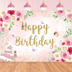 a happy birthday card with pink roses and gold foil lettering on a pink background that says, happy birthday