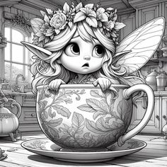 a drawing of a little fairy sitting in a teacup