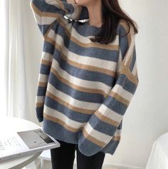 Loose Long Knitted Striped Sweater – Tomscloth Style Striped Sweater, Mode Ulzzang, Preppy Fashion, Pullover Mode, Long Knit, Loose Sweater, Crop Top Blouse, Sweater Women, Color Contrast