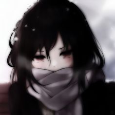 a girl with long black hair wearing a scarf