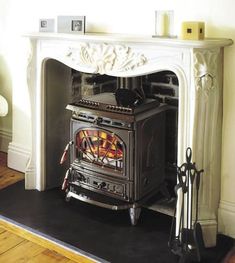 an old fashioned stove in a living room