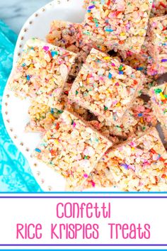 A plate stacked with Confetti Rice Krispies Treats. Rice Krispy Treat Birthday Ideas, Sprinkle Rice Crispy Treats, Groovy Rice Crispy Treats, Rice Krispies With Sprinkles, Rice Crispy Treats With Sprinkles, Colorful Rice Crispy Treats, Sprinkle Rice Krispie Treats, Rice Krispie Treats Sprinkles, Unicorn Rice Krispie Treats