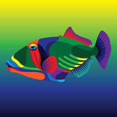 a colorful fish floating in the ocean on a blue green yellow and pink color scheme