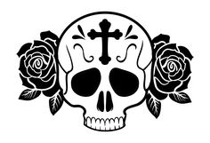 a skull with roses and a cross on it