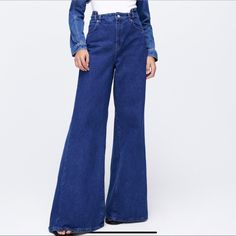 Purple Magazine Zw Flared Wide-Leg Jeans 34” Inseam High-Waist Jeans With An Asymmetric Waistband At The Front. Front Pockets And Deconstructed Patch Zara High Rise Flare Jeans For Fall, Fitted Mid-rise Wide Leg Pants, Zara Flare Jeans For Fall, Trendy Zara Jeans, Zara Stretch Wide Leg Pants, Zara High Rise Fitted Jeans, Zara High Waist Fitted Jeans, Zara Fitted High Waist Jeans, Zara Wide Leg Jeans