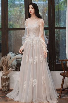 Lovely Lace Long A-Line Formal Dress, Long Sleeve Evening Dress Tulle Wedding Dress A Line, Formal Dress Long Sleeve, Long Sleeve Evening Dress, Formal Dress Long, Occasion Dresses Wedding Guest, Formal Wear Dresses, Floor Length Prom Dresses, Long Sleeve Wedding Dress Lace, Long Sleeve Dress Formal