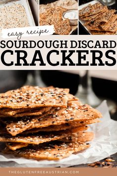 the recipe for sourdough discard crackers is shown in this collage