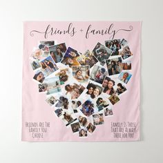 a pink poster with pictures of friends and family on it that says friends & family