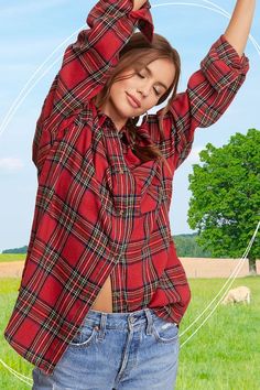 Love the oversized plaid shirt! Easy going you can wear this on it's own or layered over a tank. - 70% Cotton, 30% Polyester Small 4-6, Medium 8-10, Large 12-14 Red Plaid Flannel, Plaid Flannel Shirt, Plaid Tops, Checkered Pattern, Brushed Cotton, China Fashion, Red Ribbon, Sheer Fabrics, Earthy Tones