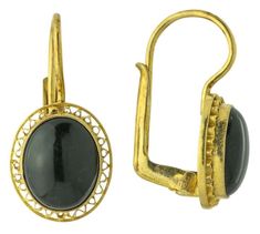 Sensual minimalism. This bold Victorian design features a black onyx stone in a classic 24k vermeil gold open work setting. European backs for pierced ears. Size: 7/8 Inch. Replica Jewelry, Georgian Jewelry, Filigree Jewelry, Victorian Decor, Victorian Design, Black Onyx Stone, Onyx Earrings, Victorian Jewelry, Onyx Stone