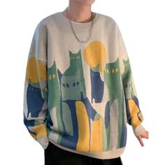 This Vintage Cat Knitted Sweater is the perfect addition to any cat lover's wardrobe. Made from high-quality wool and acrylic blend, this sweater is soft and comfortable to wear. The knitted design features these cute vintage cat patterns, complete with colorful eyes and body, that will make you stand out from the crowd. Features: -Wool and acrylic -Knit crew neck -Dropped shoulder -Knitted cat design -Unisex style -Regular fit Mens Winter Sweaters, Cat Patterns, Knitted Design, Knitted Cat, Retro Sweater, The Crow, Knit Bottom, Autumn Clothes, Vintage Cat