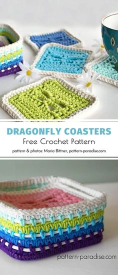 crocheted coasters with the text dragonfly coasters free crochet pattern