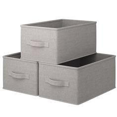 three grey storage bins with handles on each side and two smaller ones in the middle