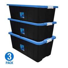 three black storage containers with blue lids on each side and white labels in the middle