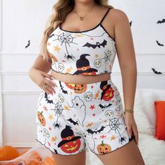 New In Package White Halloween Costume Party Sets, Plus Size Gothic, Blue Slip Dress, Bat Print, Crop Cami Top, Black Lace Lingerie, Halloween Pajamas, Short Loungewear, Pajama Dress