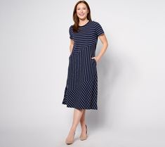 A patchwork of pieced-together stripe patterns gives this midi dress modern appeal with a nautical nod. Looks like you're in for a major style moment. From the Joan Rivers Classics Collection®. Stripe Midi Dress, Dress Modern, Joan Rivers, Navy Midi Dress, Striped Midi Dress, Modern Dress, Stripes Design, Stripes Pattern, Midi Length