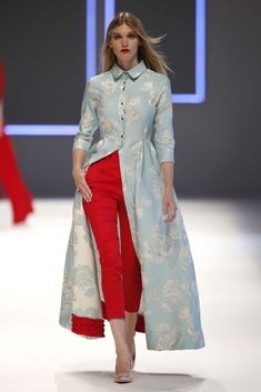 Red and blue combination Cigarette pants with long jacquard kurta Red Pants, Designs For Dresses, Indian Fashion Dresses