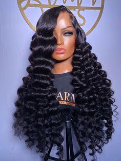 Femme /fam/ [noun] Women This is a 30” 6x6 HD closure deep wave wig made with 4 full bundles styled with wand curls. This glueless wig is made using an adjustable cap with straps in a natural black color. All wigs are human hair wigs made with 100% Virgin hair. Wig comes glueless, bleached, plucked, styled, and ready to wear. Turnaround time: 7-21 business days Shipping time: 1-3 business days " Wand Curled Hair, Wand Curls On Deep Wave Hair, Big Curls Wig, Wand Curls Black Women, Bratz Hairstyles, Sewin Hairstyles, Candied Grapes, Queen Sugar, Body Wave Hair Extensions