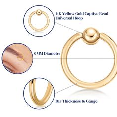 Made from 14k gold, and polished to a brilliant shine, this captive bead hoop ring enhances your look.Click on this JEWELRY & WATCHES GUIDE to learn about fit, styles, materials and more! Length: 8 mm Gauge: 16g Thread: unthreaded Metal: 14k gold Plating: rhodium Finish: polished Packaging: pouch Size: One Size. Color: Yellow. Gender: female. Age Group: adult. Hypoallergenic Hoop Septum Ring For Anniversary, Elegant Adjustable Hoop Septum Ring, Elegant Gold Stackable Septum Ring, Spiritual Crescent Gold Ring, Yellow Gold Crescent Hoop Earrings, Gold-plated Crescent Hoop Earrings, Adjustable Small Hoop Yellow Gold Septum Ring, Adjustable Gold Hoop Septum Ring, Adjustable Yellow Gold Hoop Septum Ring