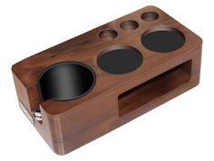 a wooden speaker with two speakers in it