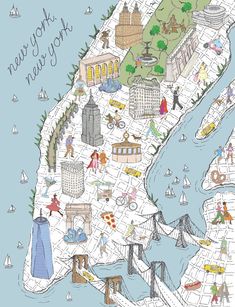 an illustrated map of new york with lots of people and buildings on the top of it