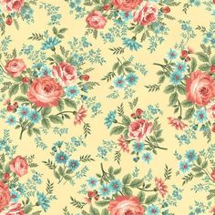 a yellow floral wallpaper with pink and blue flowers on the bottom half of it