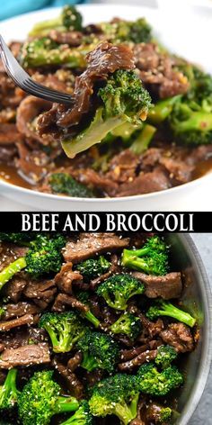 beef and broccoli stir fry in a white bowl with a fork on top