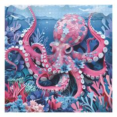 an octopus is in the ocean surrounded by corals and other marine life with bubbles