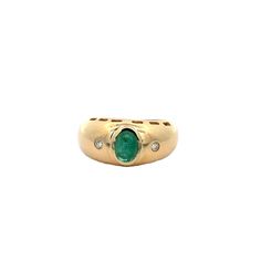 "--Stone(s):-- (1) Natural Genuine Emerald - Oval Cabochon Cut - Bezel Set - Light to Medium Green Color - 6.7x5mm (approx.) - 0.85ct (approx.) (2) Natural Genuine Diamonds - Round Brilliant Cut - Burnish Set - H Color - SI1 Clarity - 0.06ctw (approx.) Material: 18k Yellow Gold Weight: 7.68 Grams Ring Size: 7.0 (fitted on finger, please contact us prior to purchase for sizing inquiries.) Ring Width: 10.7 mm (0.42\") (top of the ring - north to south), 3.9mm (bottom of the shank) Ring Height: 7.1 Yellow Gold Oval Cabochon Gemstones For Anniversary, Classic Oval Gemstone With Bezel Setting, Oval Yellow Gold Signet Ring For May Birthstone, Formal Oval Signet Ring With May Birthstone, Oval Yellow Gold Emerald Ring With Multiple Stones, Yellow Gold Rings With Oval Cabochon Accent Stones, Oval Cabochon Rings For May Birthstone, Oval Multi-stone Rings For May Birthstone, Multi-stone Oval Rings For May Birthstone