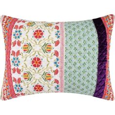 an embroidered pillow with multicolored flowers on the front and side, in different colors