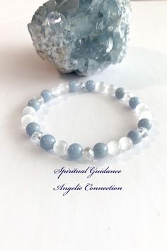 ~ TRANQUILITY ~ INNER PEACE ~ DIVINE SPIRIT, ANGELIC COMMUNICATION ~  This stunning, heavenly bracelet is designed with gorgeous blue Angelite, accented with radiant white Selenite and crystals. A beautiful combo of meditative crystals to assist you with your spiritual guidance journey to connect with your guardian angels. 💫 Angelite is a stone that nurtures inner peace and a sense of calm. It is a great stone for those feeling stressed and overwhelmed. Angelite dispels fear, anger and encourag Gray Spiritual Bracelet For Gift, Spiritual Gray Bracelets As Gifts, Gray Spiritual Bracelets As Gift, Bracelet Selling Ideas, Witchy Crystals, Angel Meditation, Divine Spirit, Celestial Realm, Hope Diamond