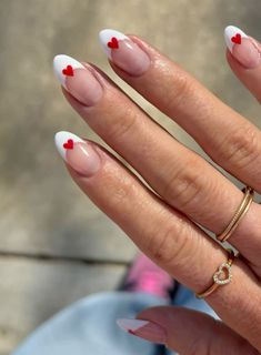 Valentine’s Day Heart Nails French Manicure Simple Valentines Nails French Tip, White French Nails With Red Heart, French Manicure Heart Designs, White French Red Heart, French Nails Heart Design, French Tip Nails Hearts, Heart Tips Nails, French Manicure With Heart, Colour French Tips Nails