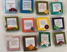 nine cards with different sayings on them in plastic bags, each featuring flowers and leaves