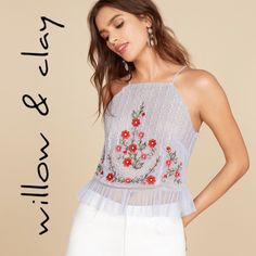 Willow & Clay Mesh Flower Tank Top Floral Embroidery And A Dainty Pleated Peplum Add Feminine Detail To This Delicate Crop Top That's Sure To Turn Heads At Your Next Rooftop Soiree. - Exposed Back Zip - High Neck - Sleeveless - Lined - Approx. 16.25" Length - Imported Fiber Content 100% Polyester Materials Self:100%Polyester Lining:100%Polyester Care Hand Wash, Dry Flat Dimensions Pit To Pit 17” Length (Strap To Bottom) 20.5” Summer Party Tops With Floral Embroidery, White Floral Embellished Tops For Summer, Elegant Floral Embellished Summer Tops, Elegant Floral Embellished Tops For Summer, Fitted Floral Summer Tops, Summer Party Tops With Floral Applique, Fitted Floral Embellished Summer Tops, Fitted Floral Embellished Tops For Summer, Chic Floral Embroidered Summer Tops