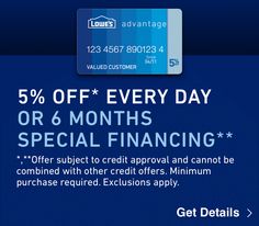 a blue credit card with the words 5 % off every day or 6 months special finance