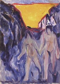 a painting of two people standing next to each other in front of a mountain range