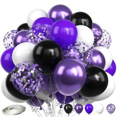 a bunch of purple and white balloons with confetti on the bottom one balloon