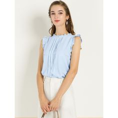 The ruffled sleeveless design would show demure, feminine grace, and also lend shape and texture. Crafted from a lightweight material, it is shaped with an elegant crew neckline, and pleat detailing, and comes in a relaxed cut for easy, breezy wear. This vintage blouse is designed with ruffled trim and solid color, especially for a professional look at work. Vintage Blouses, Office Vintage, Floral Chiffon Blouse, Trim Work, Work Blouses, Business Tops, Women's Blouses, Work Tops, Easy Breezy