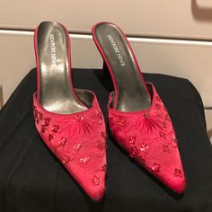 Red Slip On Heels With Sequins...Great Condition, Never Worn, Sole Is Peeling Up Tad Bit Red Fitted Slip-on Heels, Red Slip-on Fitted Heels, Red Slip-on Evening Heels, Red Slip-on Heels For Party, Slip On Heels, Newport News, Newport, New Shoes, Shoes Women Heels