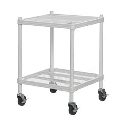 a white plastic shelf with wheels on it