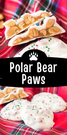 polar bear paws cookies with white frosting and sprinkles on a plaid table cloth