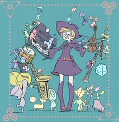 a woman in a purple dress and hat holding a musical instrument while surrounded by other cartoon characters