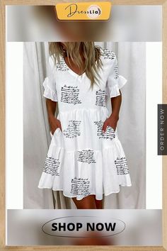 Fashion Short Printed Ruffle Pocket Dress Women Casual Loose Shoprt Sleeve Boho Dress Vestidos De Mujer V-neck Shift Dress With Pockets, White Midi Dress With Pockets And Short Sleeves, White A-line Dress With Pockets, White V-neck Dress With Pockets, White Shift Dress With Ruffles, Beach Mini Dresses With Pockets, V-neck Mini Dress With Pockets For Vacation, White Summer Dresses With Pockets, White V-neck Midi Dress With Pockets