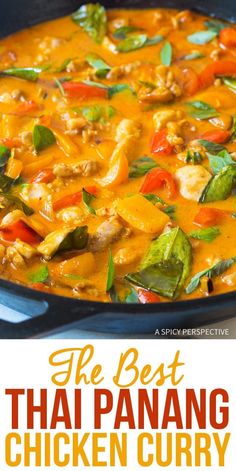 the best thai chicken curry recipe in a blue pot with text overlay that reads, the best thai panang chicken curry