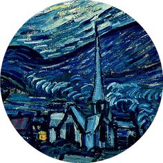 a painting of a church in the middle of a night sky with stars on it