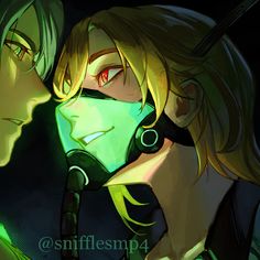 two people are looking at each other with glowing eyes and headphones in their ears